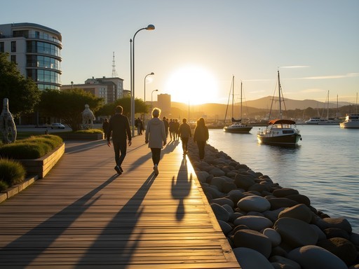 Wellington Waterfront Walkway at sunset with families walking and harbor views