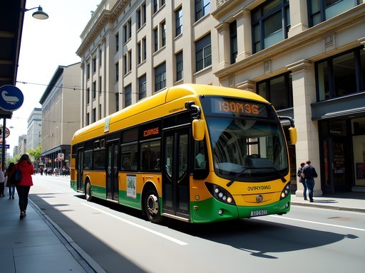 Wellington yellow and green bus traveling along Lambton Quay with shopping district visible