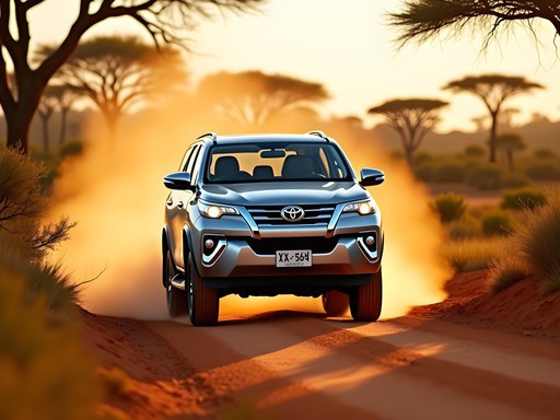 4x4 SUV driving on a dusty gravel road in Namibia with dramatic landscape background