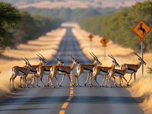 Springbok herd crossing the road near Etosha National Park entrance with savanna landscape