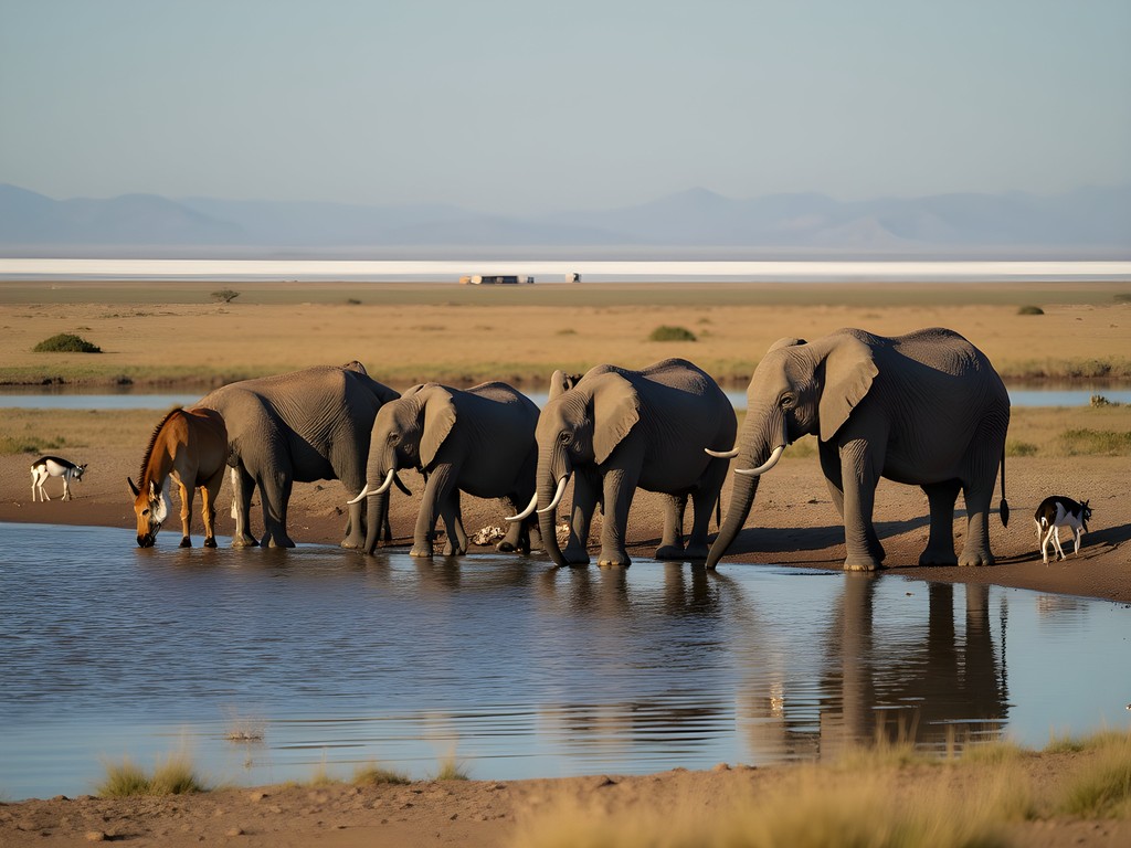 Various wildlife including elephants, zebras and springbok gathering at a waterhole in Etosha National Park