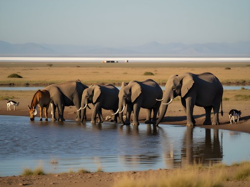 Various wildlife including elephants, zebras and springbok gathering at a waterhole in Etosha National Park
