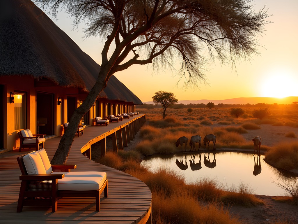 Luxury safari lodge near Etosha National Park with waterhole view at sunset and wildlife