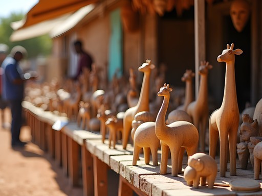 Colorful display of handcrafted wooden animals and crafts at Okahandja Wood Carvers Market in Namibia