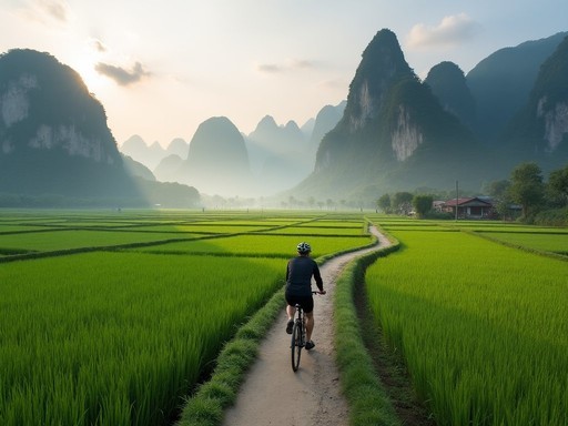 Cyclist on rural path through rice fields with karst mountains in background near Yangshuo