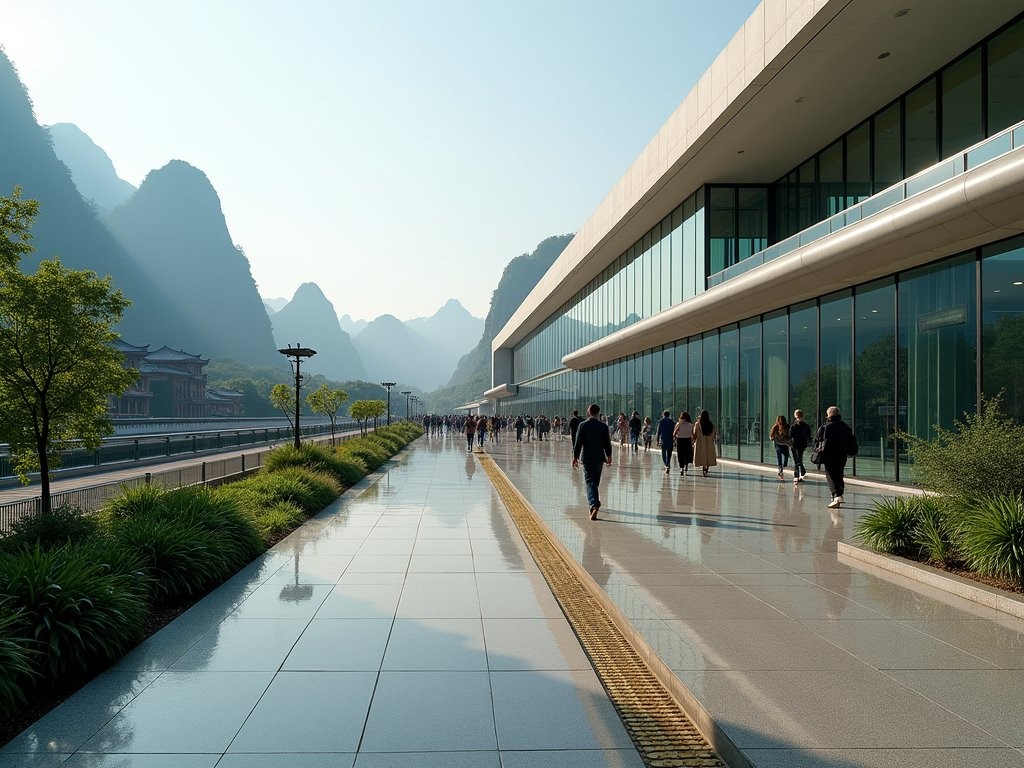 Modern Guilin North high-speed rail station with traditional karst mountains in background