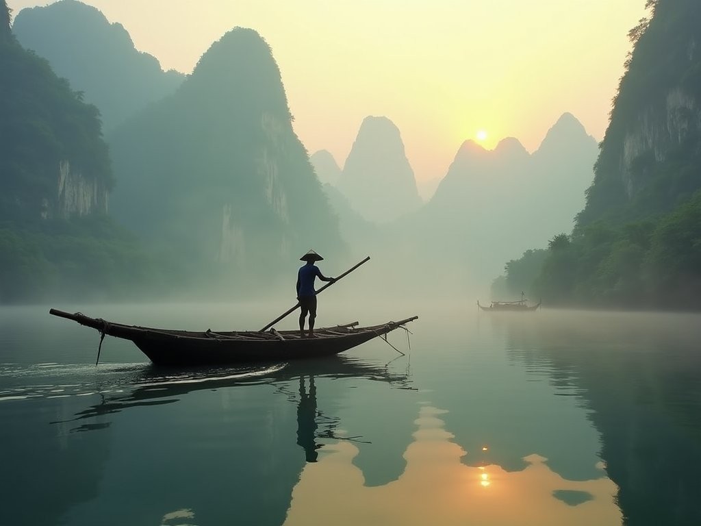Bamboo raft navigating through karst mountains on Li River