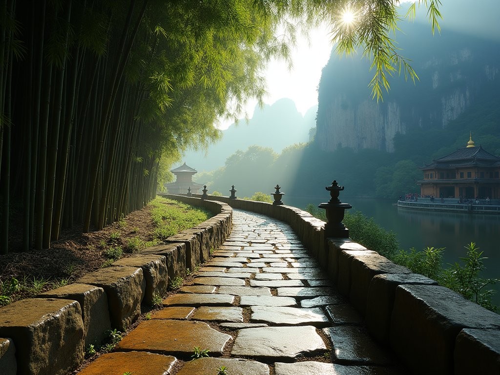 Stone path leading to remote monastery in karst mountains near Guilin