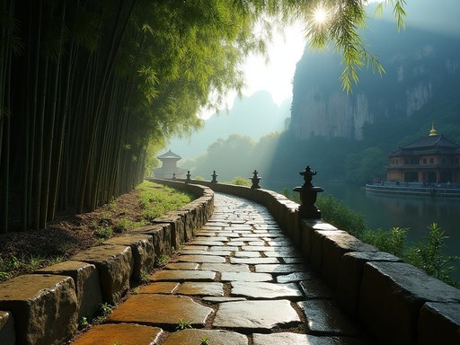 Stone path leading to remote monastery in karst mountains near Guilin