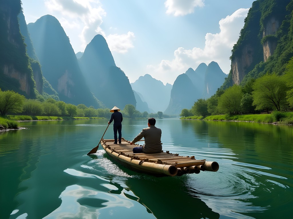 Traditional bamboo raft navigating the clear waters of Yulong River with karst mountains in background