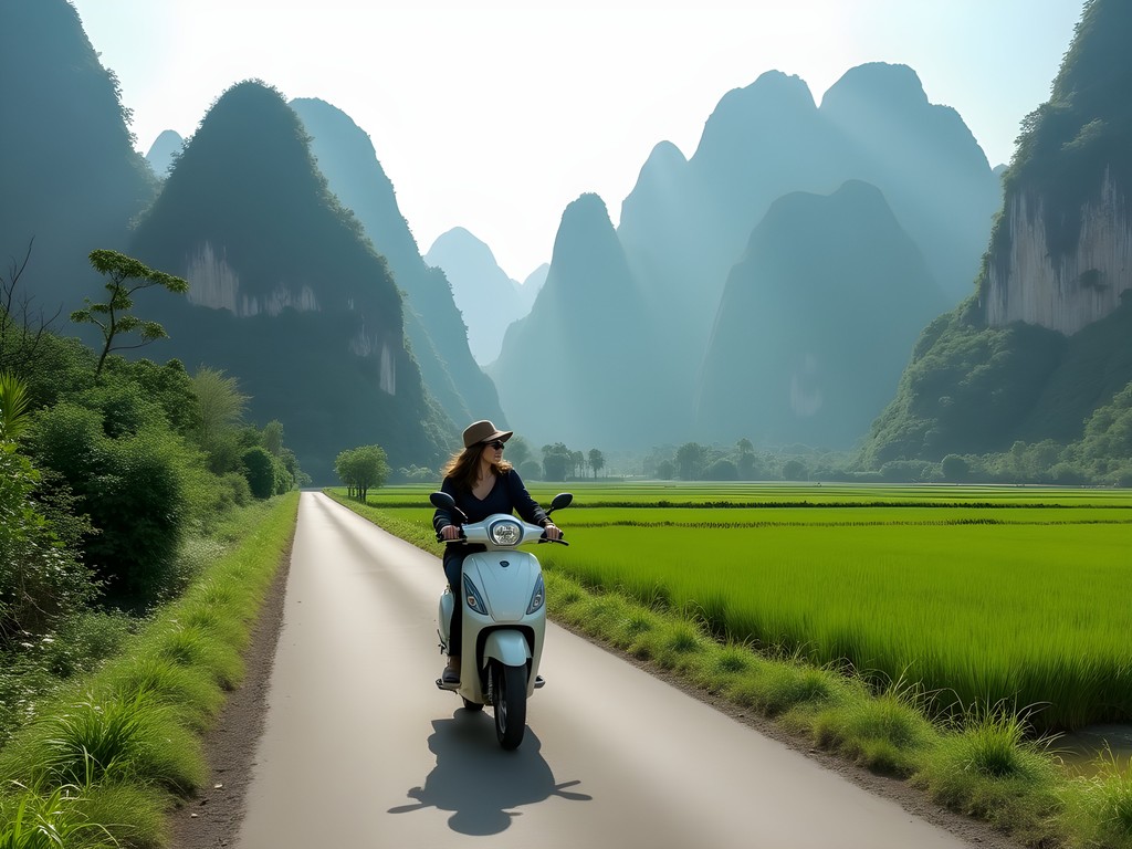 Woman riding e-bike on rural road with karst mountains in background near Yangshuo
