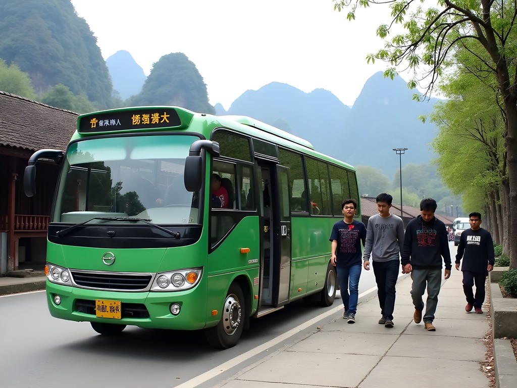 Green local minibus at Yangshuo station with passengers boarding
