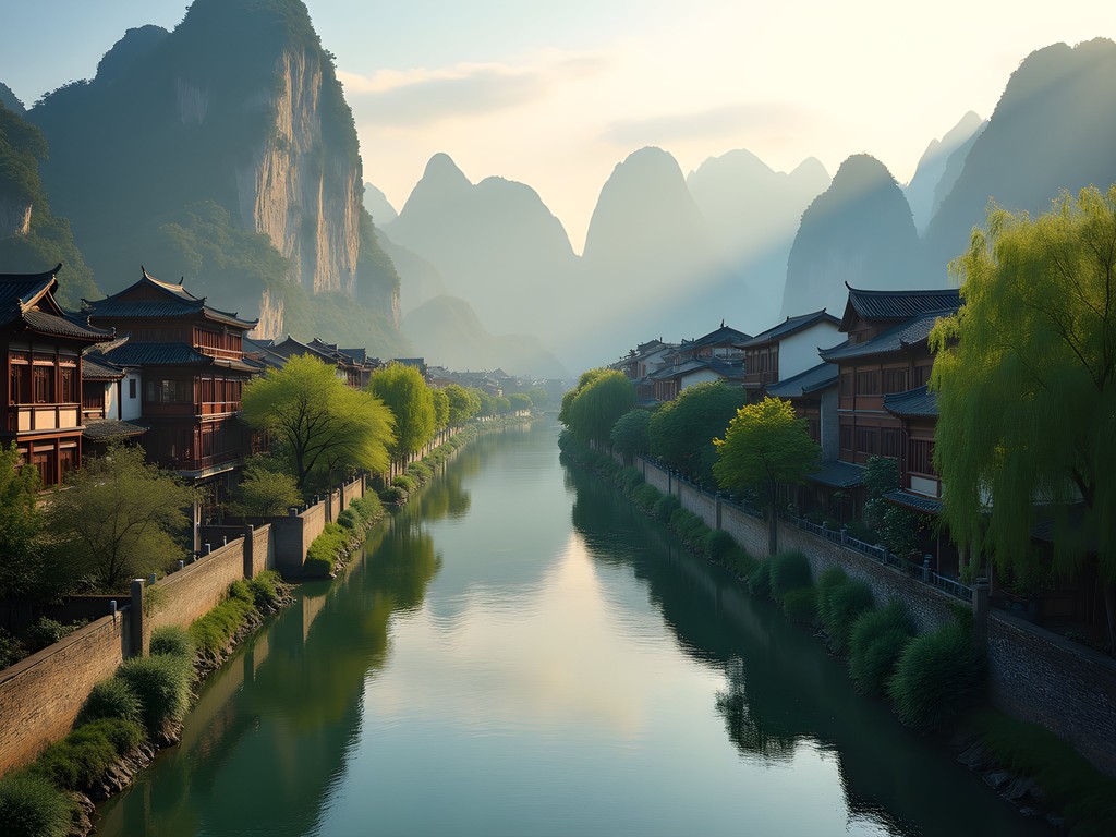 View of ancient Xingping town with traditional buildings along Li River and karst mountains