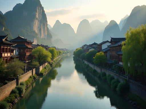 View of ancient Xingping town with traditional buildings along Li River and karst mountains
