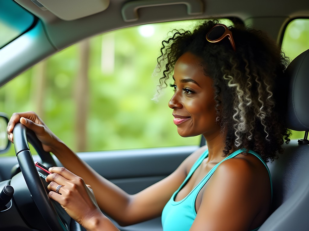 Woman checking navigation map in rental car in Yucatan Peninsula