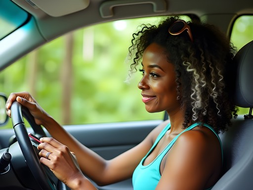 Woman checking navigation map in rental car in Yucatan Peninsula