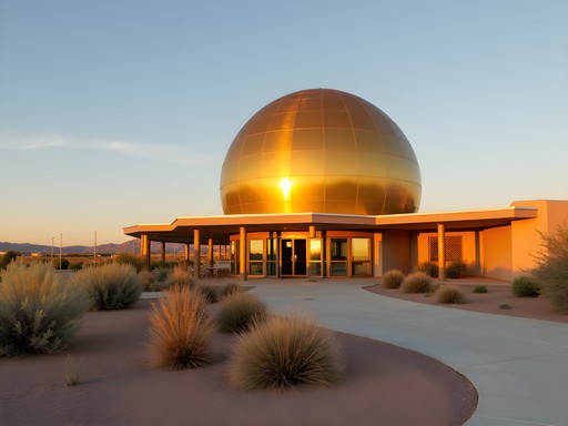 New Mexico Museum of Space History with its golden dome glowing at sunset