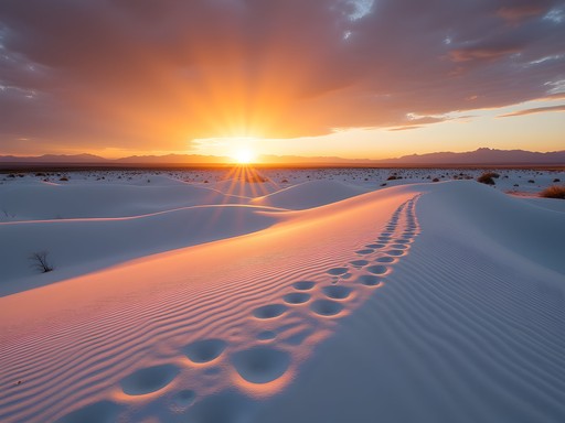 White Sands National Park at sunset with wildlife tracks visible in foreground