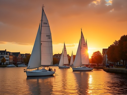 Sailboats in Annapolis harbor at sunset with historic buildings in background