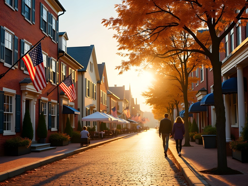 Morning light on historic Main Street in Annapolis with colonial buildings and American flags