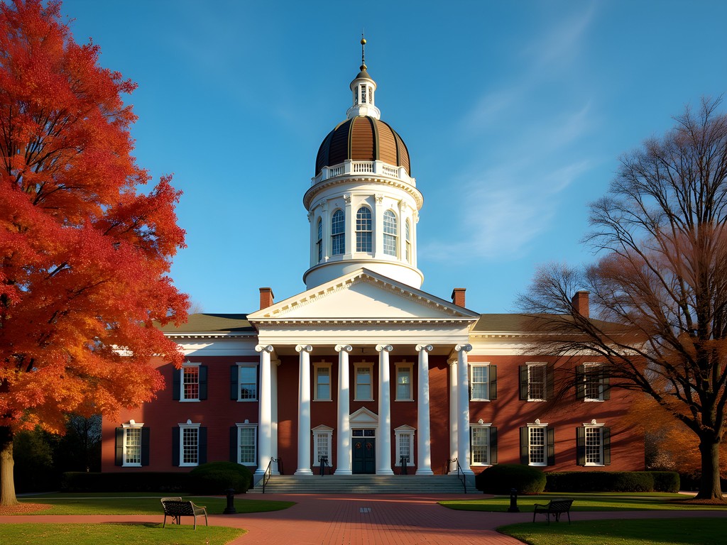 Maryland State House with autumn foliage and historic dome in Annapolis