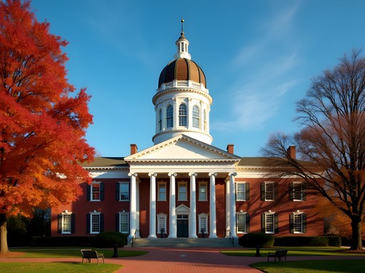 Maryland State House with autumn foliage and historic dome in Annapolis