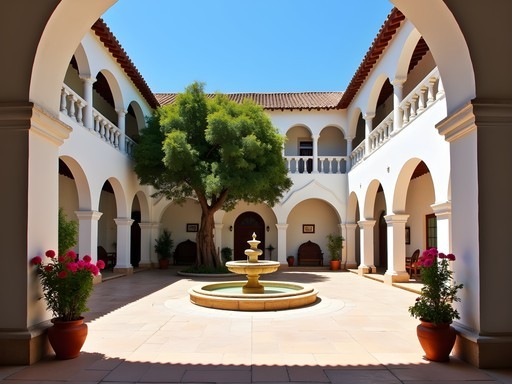 Sunlit colonial courtyard with sillar arches and flowering plants in Casa del Moral, Arequipa