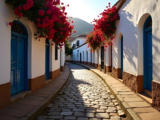 Narrow winding cobblestone street with white sillar buildings in San Lázaro district, Arequipa