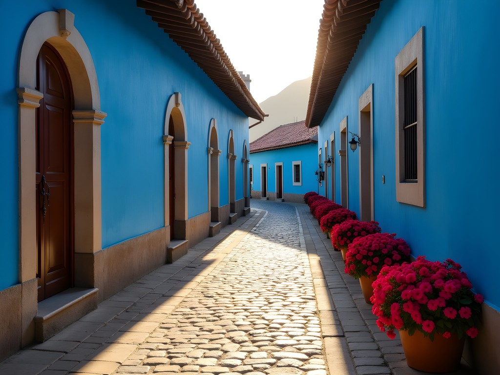 Vibrant blue street with sillar arches inside Santa Catalina Monastery, Arequipa