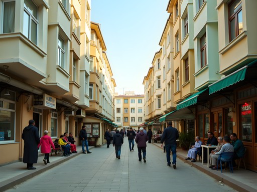 Pastel-colored residential apartment buildings in Ashgabat with locals going about daily life