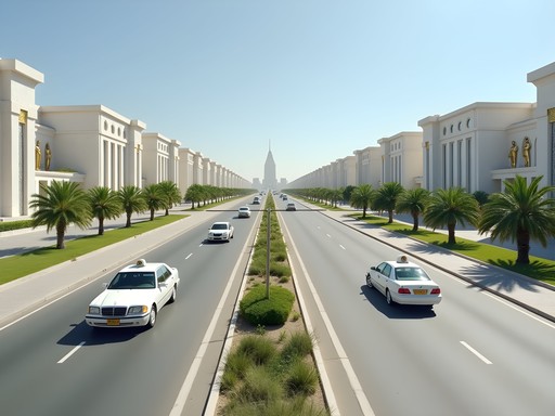 Wide empty marble-lined highways of Ashgabat with distinctive white taxis