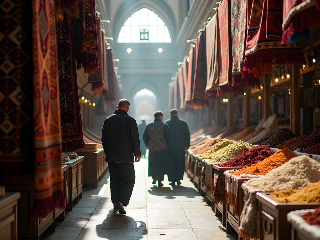 Colorful scene inside Ashgabat's Russian Bazaar with traditional goods