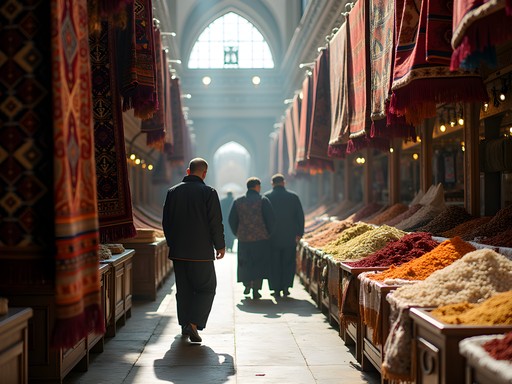 Colorful scene inside Ashgabat's Russian Bazaar with traditional goods