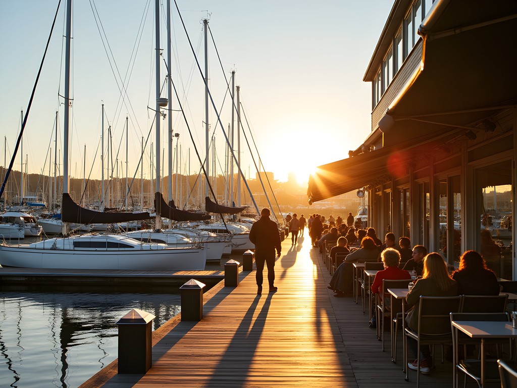 Viaduct Harbor Auckland with morning light illuminating yacht masts and waterfront cafes