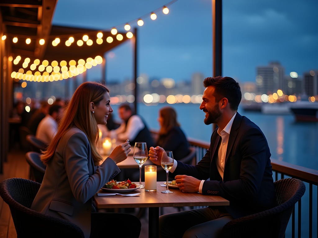 Couples dining at waterfront restaurants in Wynyard Quarter Auckland at dusk with harbor lights