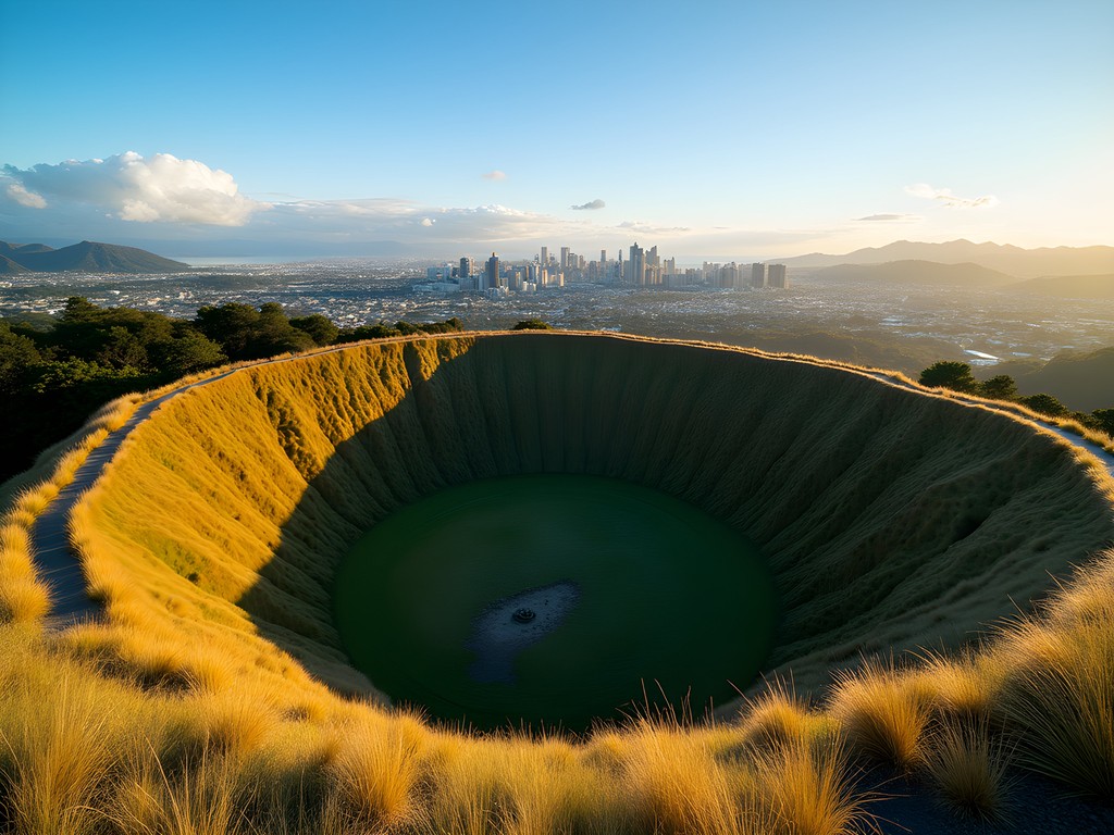 View of Mount Eden's volcanic crater with Auckland skyline in background during autumn