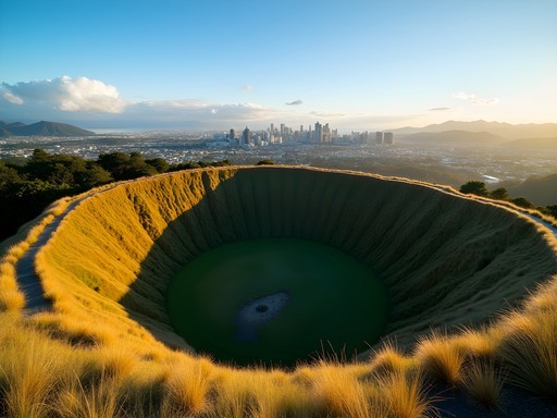 View of Mount Eden's volcanic crater with Auckland skyline in background during autumn