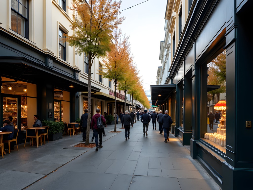 Stylish Ponsonby Road shopping district in Auckland with Victorian architecture and boutique shops in autumn