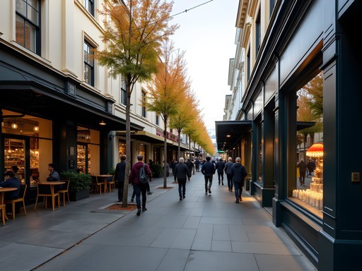 Stylish Ponsonby Road shopping district in Auckland with Victorian architecture and boutique shops in autumn