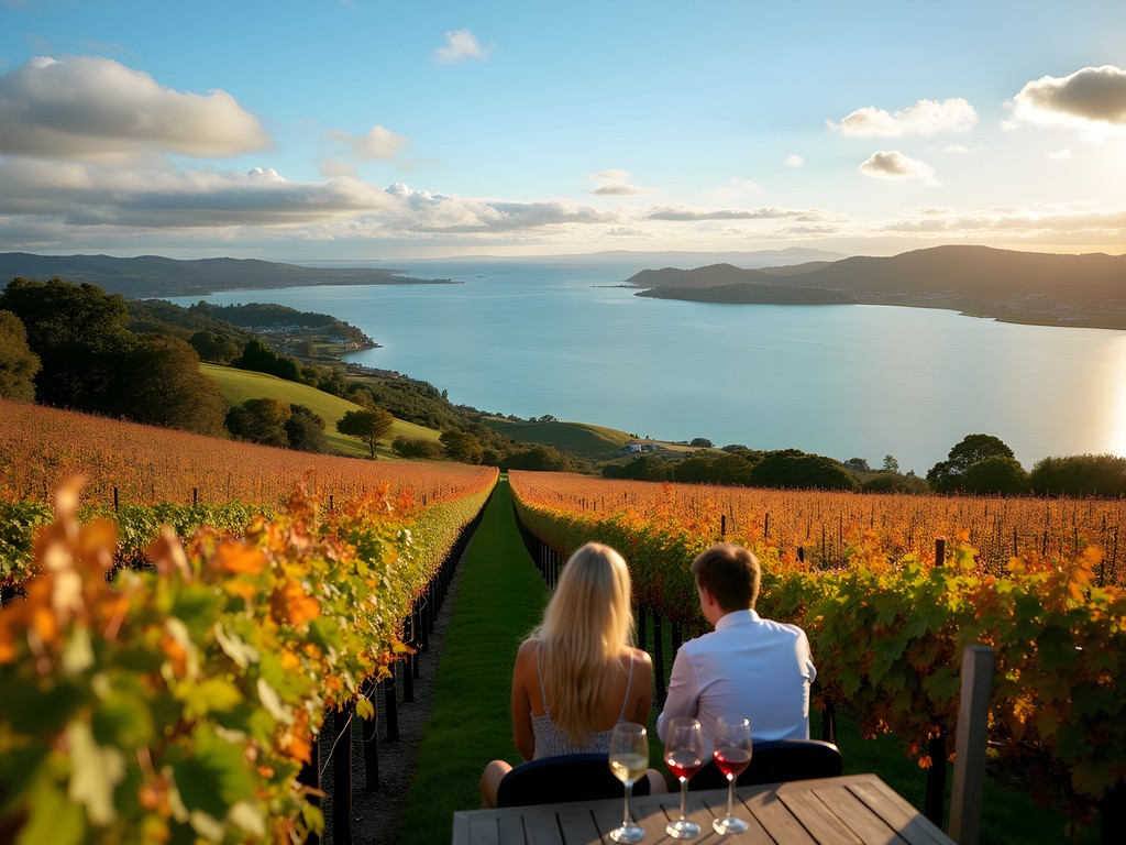 Couple enjoying wine tasting at Waiheke Island vineyard with panoramic views of Hauraki Gulf