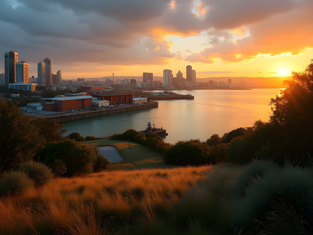 Sunrise over Onehunga's restored foreshore with historic port elements and native plantings