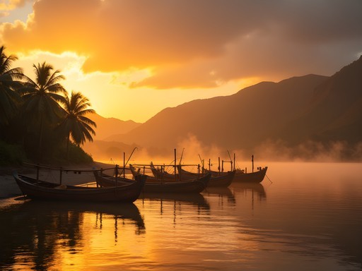 Sunrise over Auki harbor with traditional fishing boats silhouetted against golden morning light
