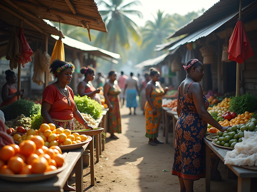 Vibrant morning scene at Auki central market with local vendors selling tropical produce and seafood
