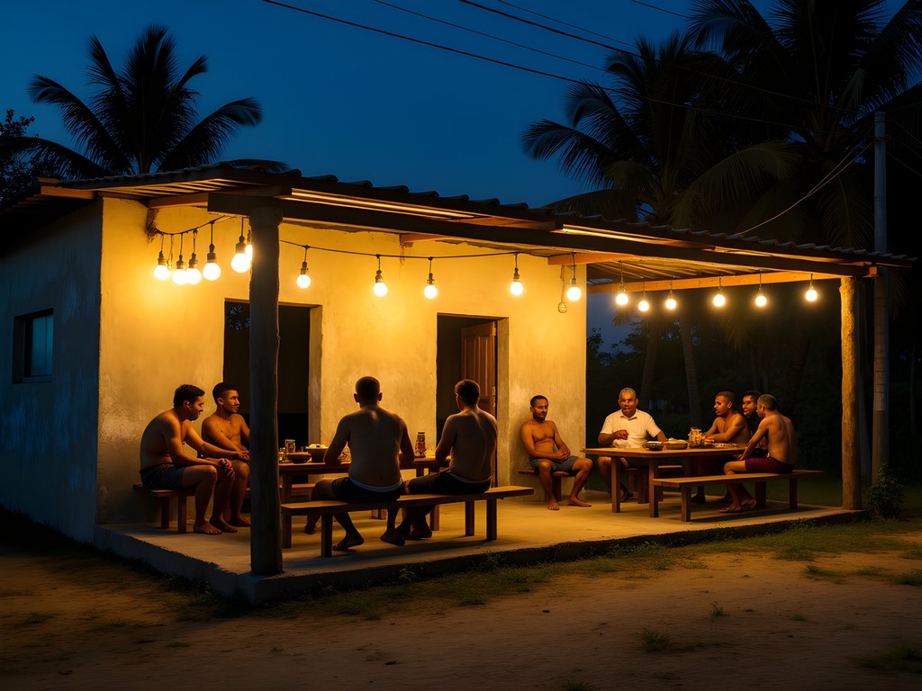 Local night gathering at a traditional kava bar in Auki illuminated by warm string lights