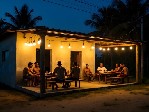 Local night gathering at a traditional kava bar in Auki illuminated by warm string lights