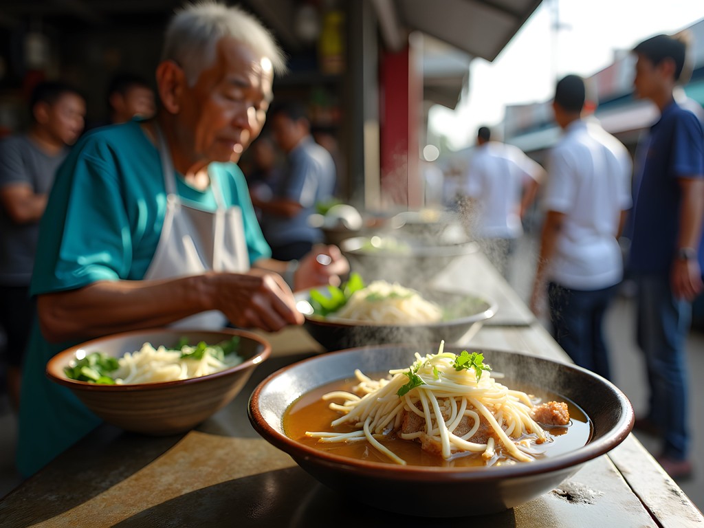 Traditional boat noodles being served at a local Ayutthaya morning market