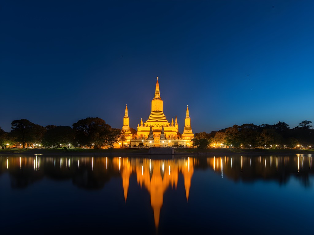 Illuminated ancient temples of Ayutthaya at night with star trails