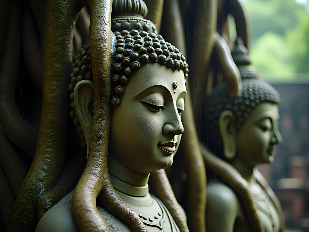Famous Buddha head entwined in tree roots at Wat Mahathat, Ayutthaya, during rainfall