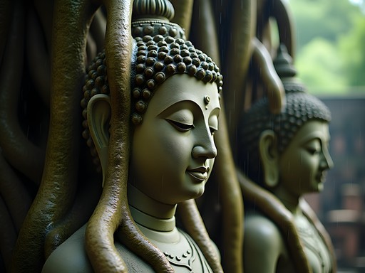 Famous Buddha head entwined in tree roots at Wat Mahathat, Ayutthaya, during rainfall