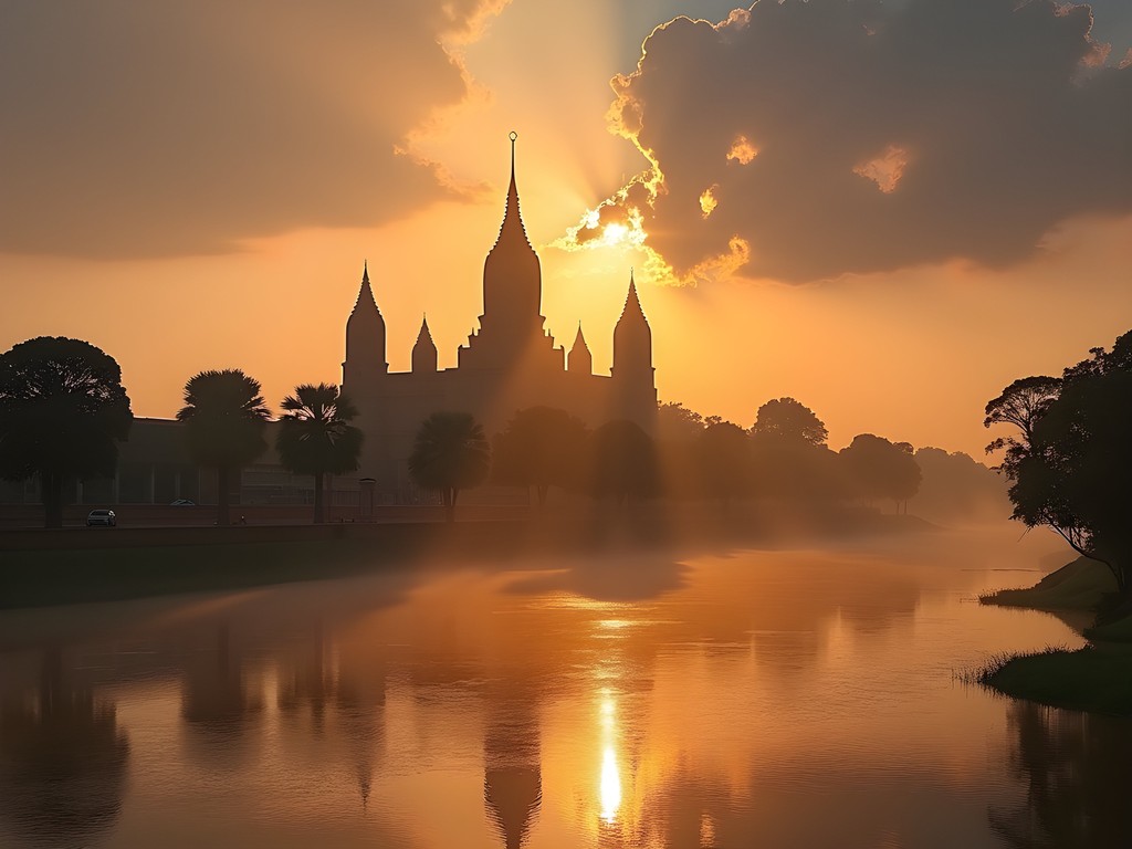 Golden sunrise light illuminating the ancient prangs of Wat Chaiwatthanaram in Ayutthaya